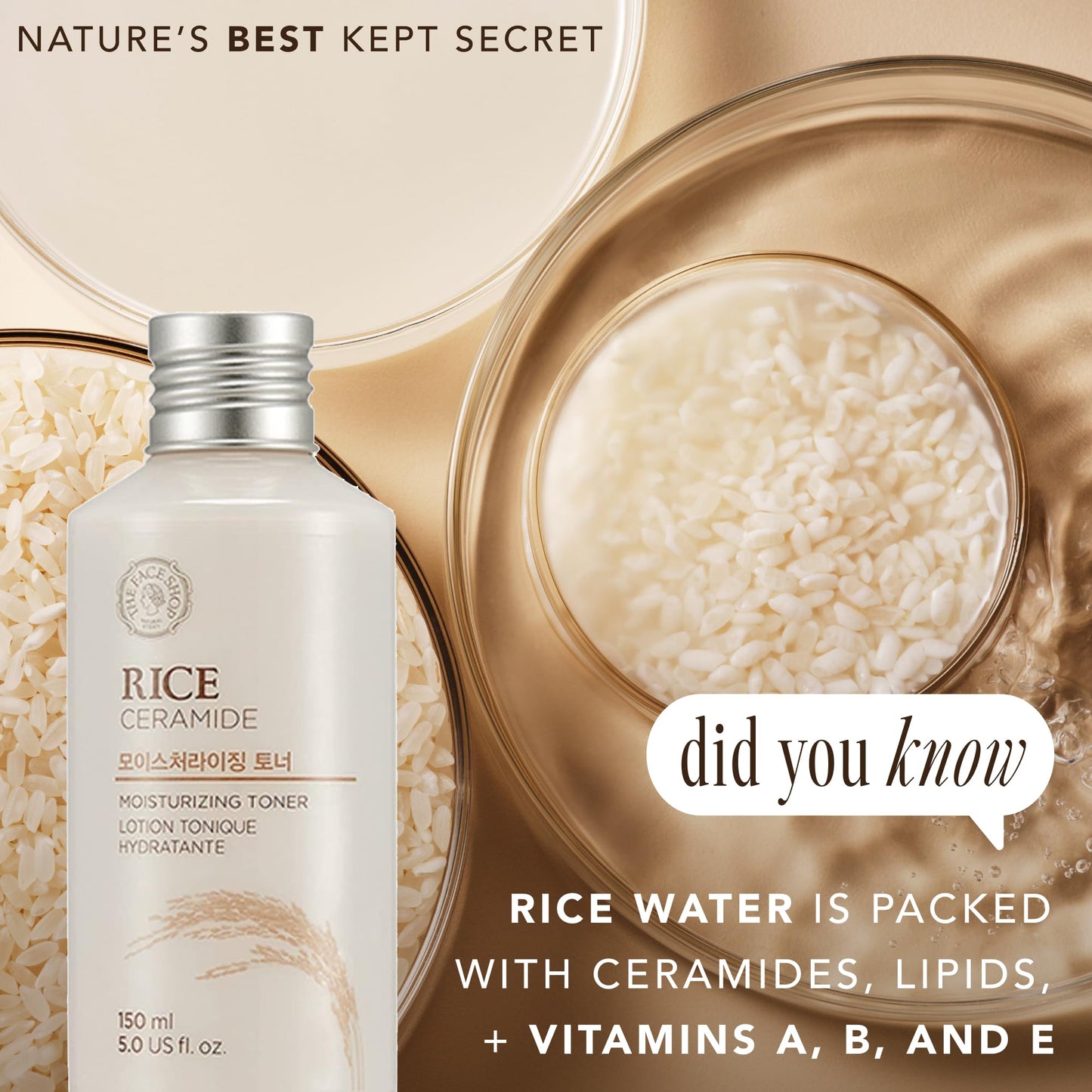 The Face Shop Rice Ceramide Moisturizing Toner - Rice Extract Rice Toner for Face - Strengthens Skin Barrier - Hydrating Targets Dryness - Lightweight Face Moisturizer - Glow Essence Korean Skin Care