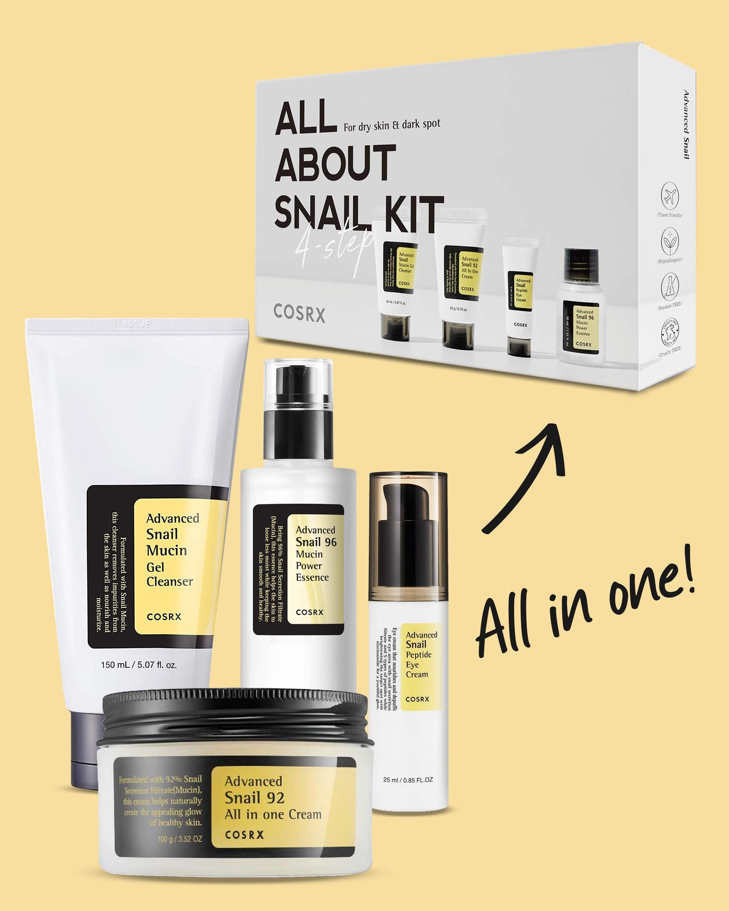 COSRX All About Snail Mucin Korean Skin Care Set, Mini Travel Essentials, Travel Size Gift Set with Snail Mucin Face Wash, Serum, Moisturizer & Eye Cream, Rejuvenating Kit