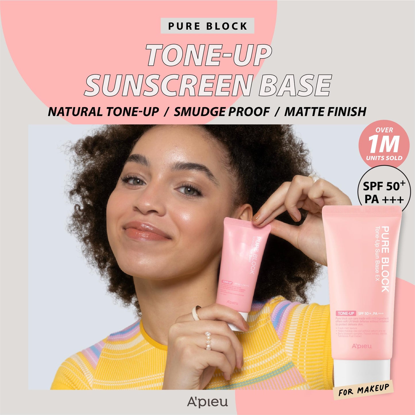 A'PIEU Pure Block Tone Up Sunscreen Base SPF50+/PA+++ 50ml | Tone-Up Reef Safe Korean Sunscreen for Makeup Base